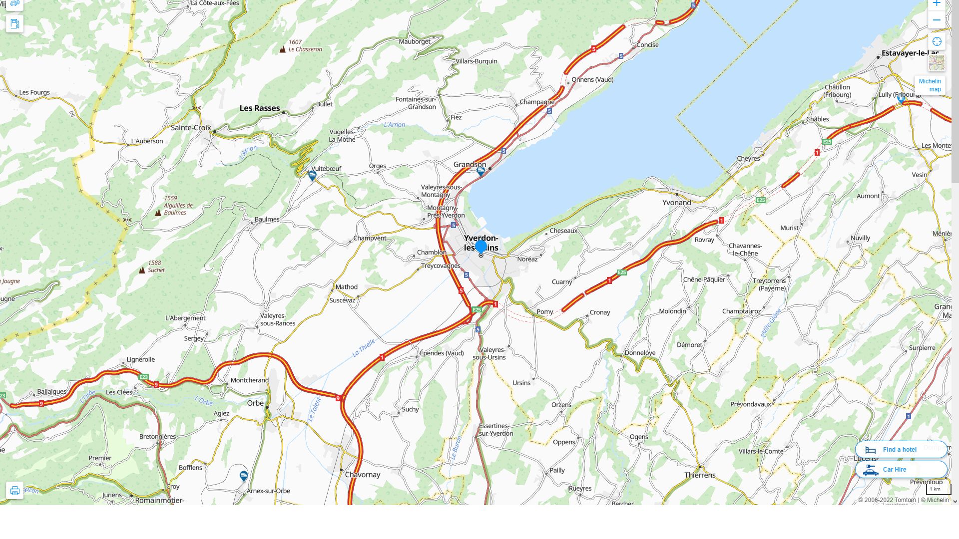Yverdon les Bains Highway and Road Map